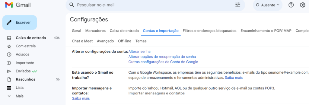 migrar do outlook para o gmail importação