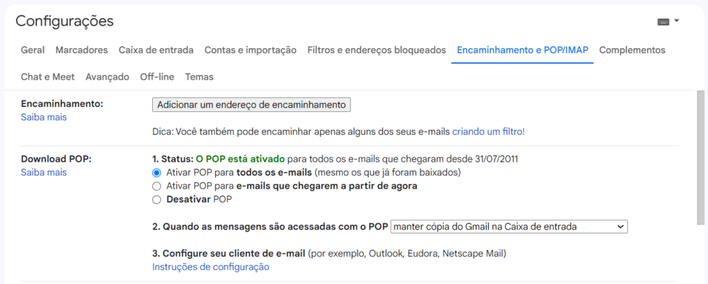 migrar entre contas do gmail pop autorização