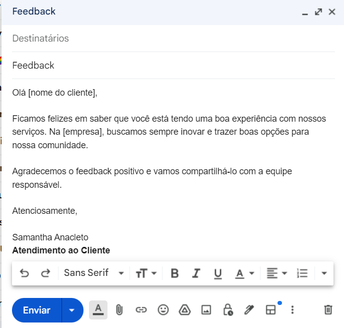 emails de atendimento ao cliente feedback positivo