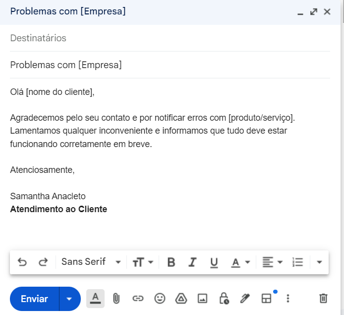 emails de atendimento ao cliente problemas